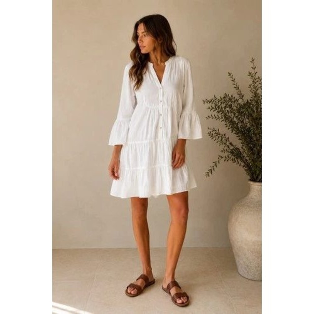 Faherty NWT Kasey Dream Organic Cotton Gauze Tiered Minidress Boho Chic White M